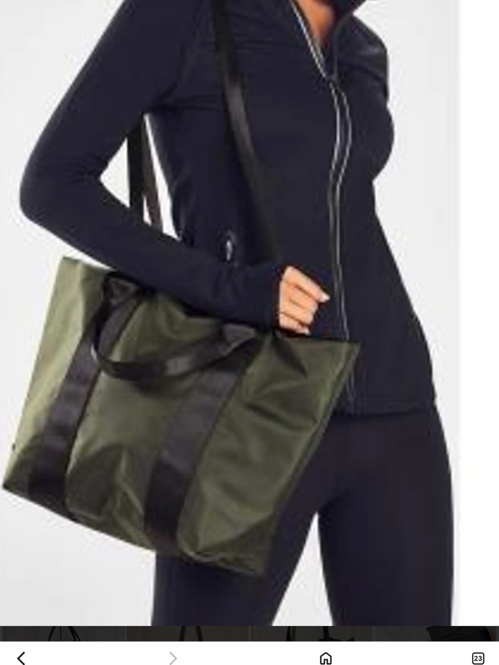 Fabletics Olive Green Nylon Day Tote Bag Black Straps NWOT travel vacation